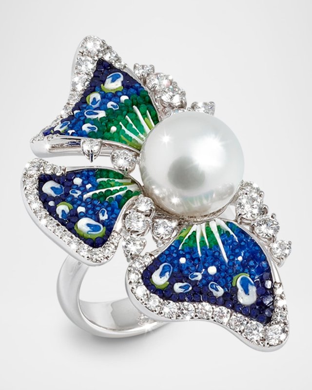 18K White Gold Anemone Ring with Micro Mosaic, Diamonds and Australian Pearl